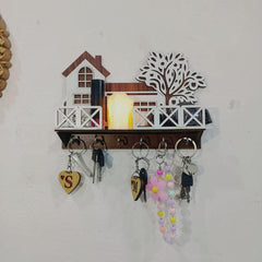 Tree & House Key & Phone Wall Holder Dark Wood