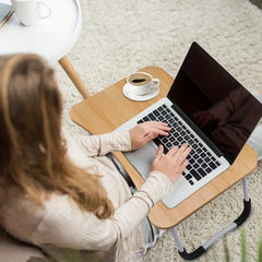 Laptop Table Foldable with Tablet Groove & Cup Slot | Beige Color | Multi-Purpose Desk for Work, Study, and Meals