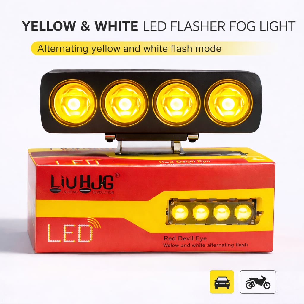 4 Lens Flasher Fog Light 40W – Dual Color White & Yellow LED Strobe Light for Bike & Car (DC 9V–80V) | Pack of 2 with Button