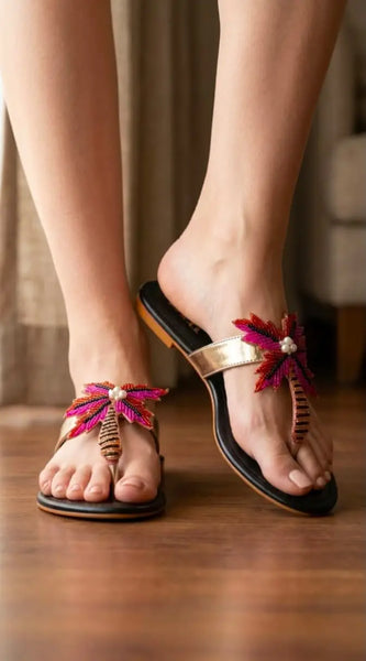 ZARA Embellished Flats for Women – Beaded Palm Leaf Toe Ring Sandals | Stylish Slip-On Casual Summer Flats | Ladies Fashion Sandals with Brand Box