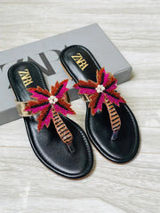ZARA Embellished Flats for Women – Beaded Palm Leaf Toe Ring Sandals | Stylish Slip-On Casual Summer Flats | Ladies Fashion Sandals with Brand Box