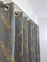 Grey Jacquard Curtains with Golden Leaf Pattern for Home Decor
