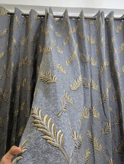 Grey Jacquard Curtains with Golden Leaf Pattern for Home Decor