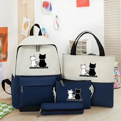 Cat Print 4-Piece Pink Backpack Set for Students Office