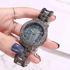 Women's Wood Pattern Digital Watch with Steel Band
