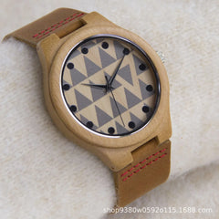 Wooden Belt Watch for Men Women Brown Geometric Pattern