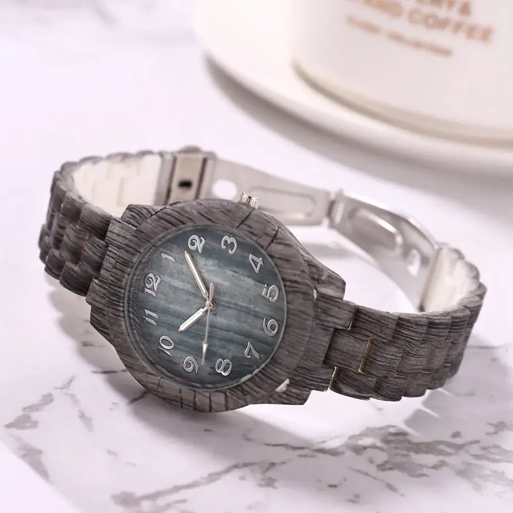 Women's Wood Pattern Digital Watch with Steel Band