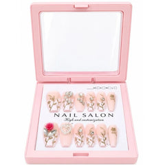 12 Pcs Press On Nails Set With Floral Design & Rhinestone Decoration | Reusable False Nails With Nail Prep Kit