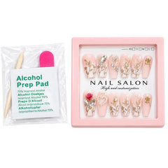 12 Pcs Press On Nails Set With Floral Design & Rhinestone Decoration | Reusable False Nails With Nail Prep Kit