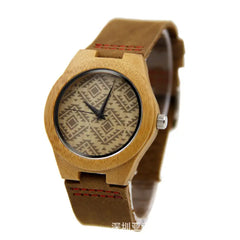 Wooden Belt Watch for Men Women Brown Geometric Pattern