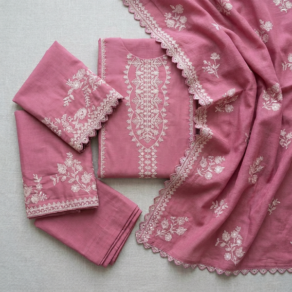 Pink Embroidered Lawn 3Pcs Set with Khaadi Dupatta