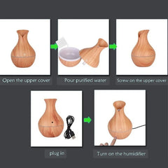 Vase-Shaped LED Humidifier | Model  JSQ07 | USB Wood Grain Ultrasonic Cold Mist Humidifier | Aromatherapy Air Freshener | 200 ml
