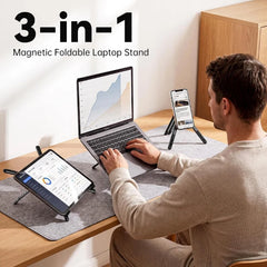 3-in-1 Magnetic Foldable  Stand |Model K001 | Aluminum Alloy Phone laptop & Tablet Holder | 8-Level Adjustable Height | 360° Rotating Base | Portable Travel Stand